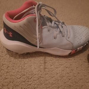Preowned, Under Armour, 6Y, girls grayish blue, pink and white basketball shoes